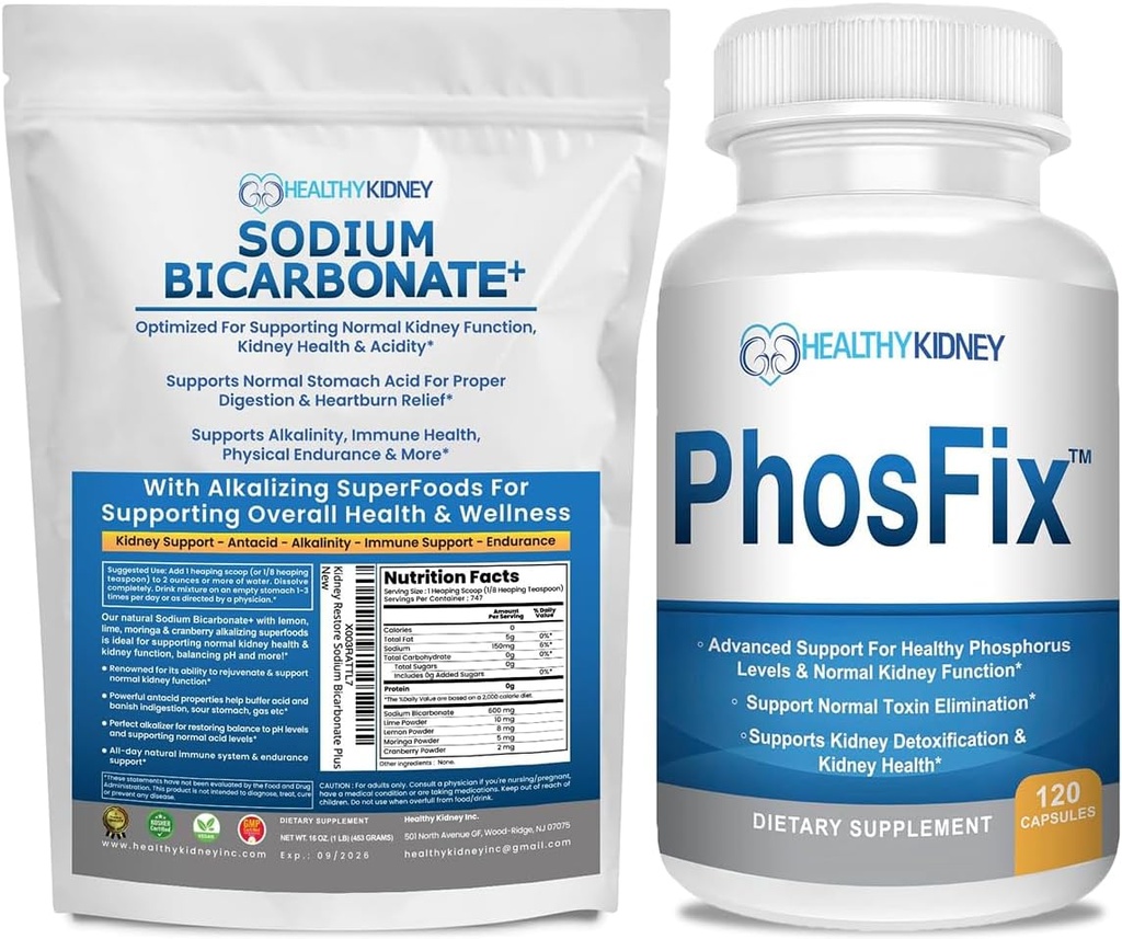 Organisk natriumbikarbonat Alkalin Supplement Bundle: 1LB pulver for alkalinitet, nyre- og syrestøtte + Fosfix 120 piller Fosforus Binder for sunne fosfornivå og nyrehelse nyresuppor
