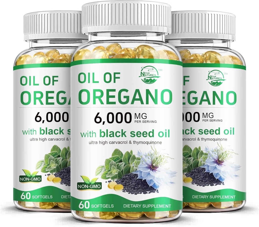 Naturens levende olje av Oregano med svart frøolje, 2 i 1 Oregano Supplement for immun helse, beholder høyt konsentrert karvatrol & thymoquinon, ikke-GMO, 3 pakke