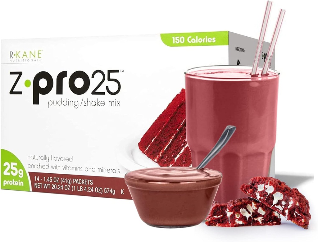 R-Kane Nutritionals Z-Pro Red Velvet Protein Drink Mix - høy protein, lav kalori lav fettshake og pudding Mix - måltidserstatning, On-The-Go Packets - Frokost Boost - 25g Protein - 14 Packets