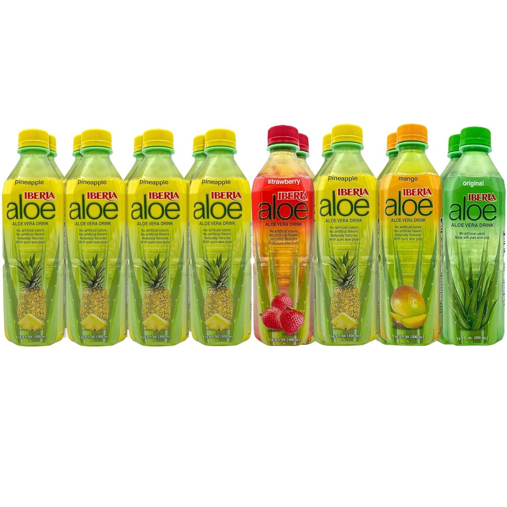 Iberia Aloe Vera Drikke med ren Aloe Pulp (Pack of 16) 10 x Pineapple, 2 x Original, 2 x Jordbær, 2 x Mango
