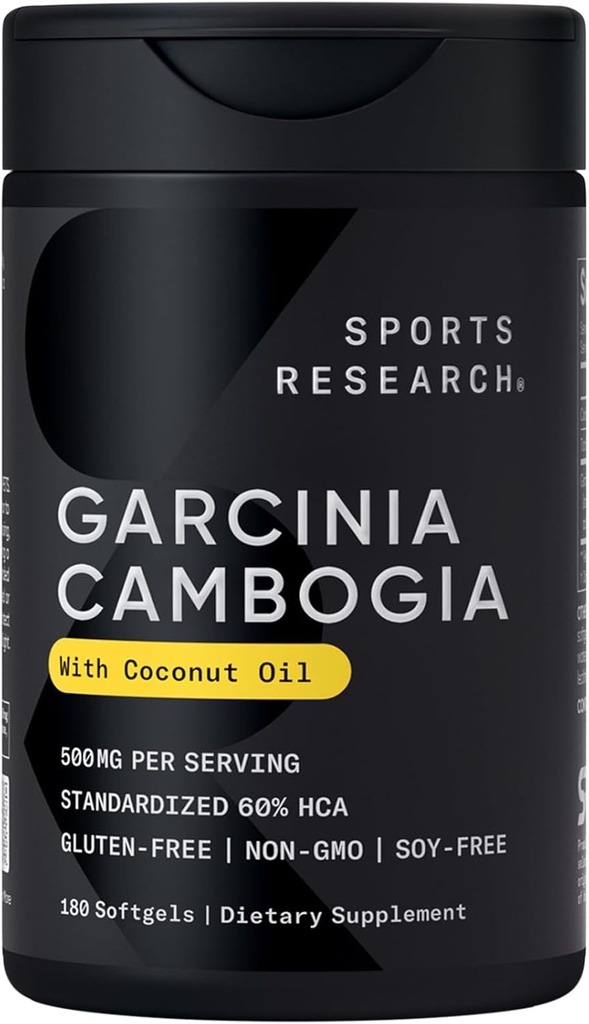 Idrettsforskning Garcinia Cambogia Extract (60% HCA) med ekstra virgin organisk kokosolje | Ikke-GMO, Soya & Glutenfri (180 flytende softgels)