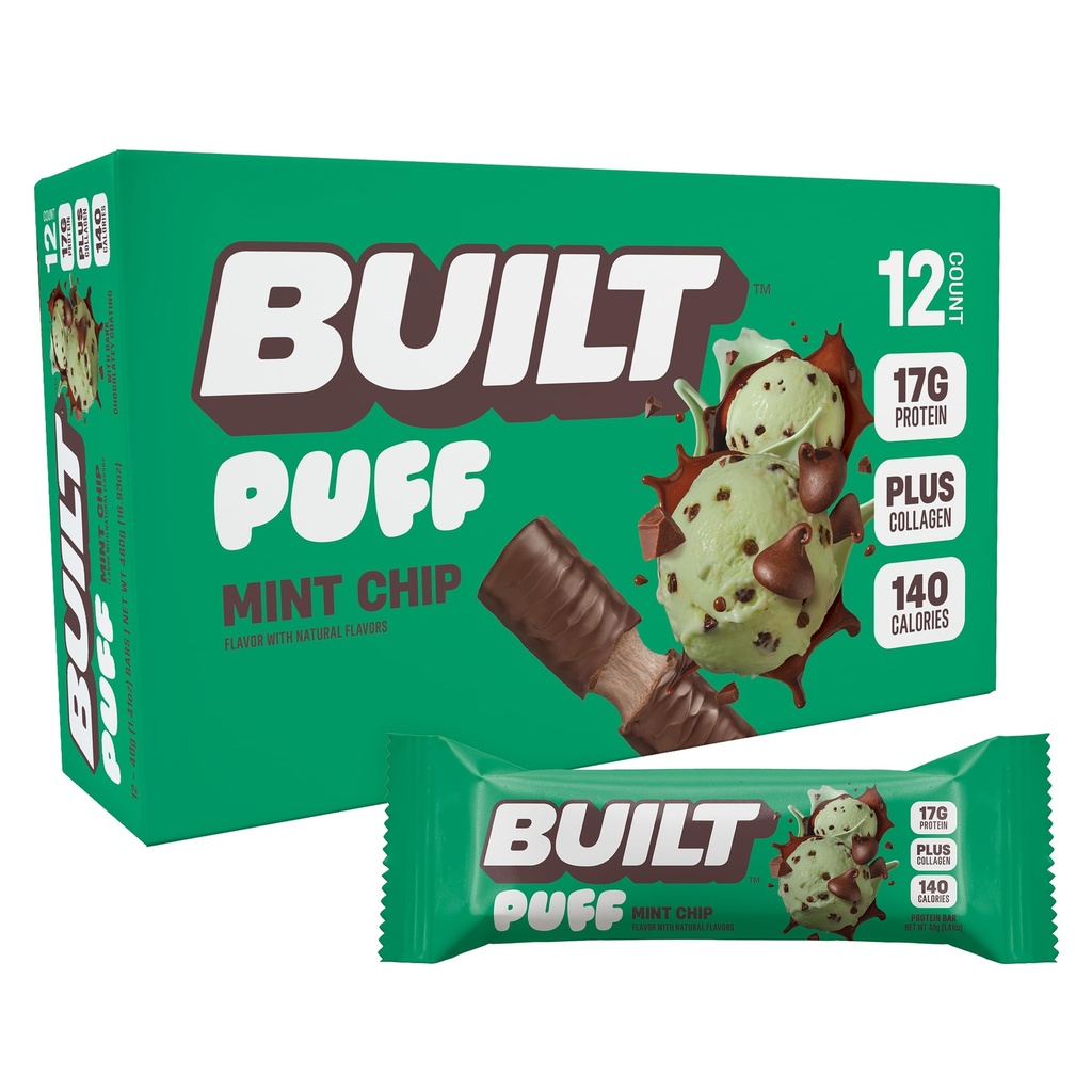 Bygget Bar, Puff Protein Bars, Mint Chip Puff, 17g Protein Snacks, On-The-Go Bars, Bare 140 kalorier, 6g sukker, kollagen, Glutenfri, 12 greve