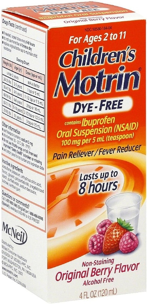 Motrin Barns Dye-fri smerte Reliever / Fever Reduser, Original Berry Flavor 4 oz (10 Pack)