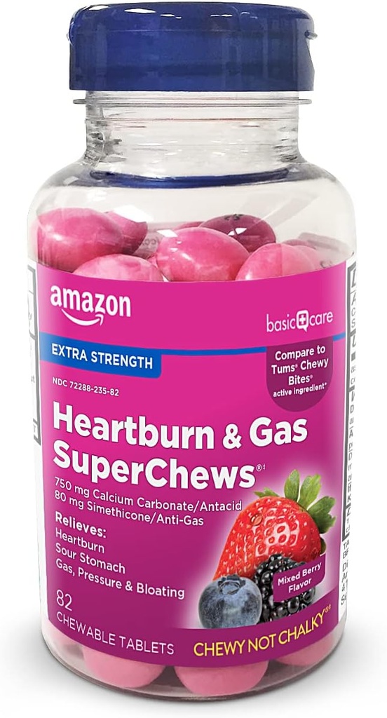 Basic Care Heartburn & Gass SuperChews Chewable Tabletter, Blandet Berry, 82 greve (tidligere lydhelse)