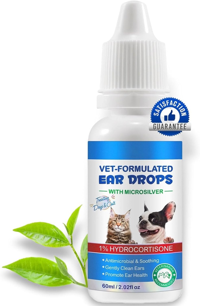 Ear Drops for katter og hunder-Dog øreinfeksjon medisinering-Ear Mites behandling-Dog Yeast Soothing rengjøring med 1% Hydrokortison-Clean Pet Earwax-Mild og effektiv-60 ml