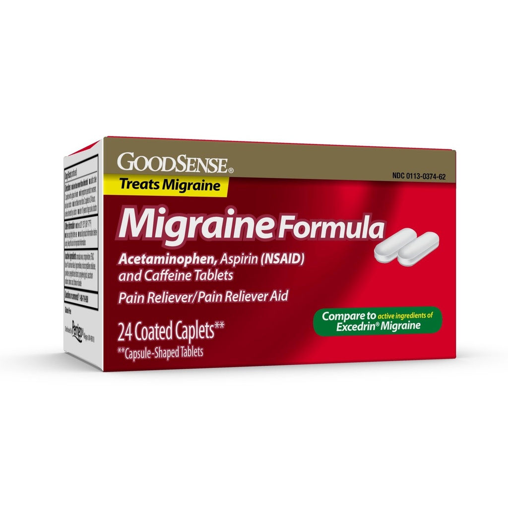 GoodSense Migraine Formula Caplets - Acetaminophen, Aspirin (NSAID) & Koffein - Migraine Smertelindring, 24 greve
