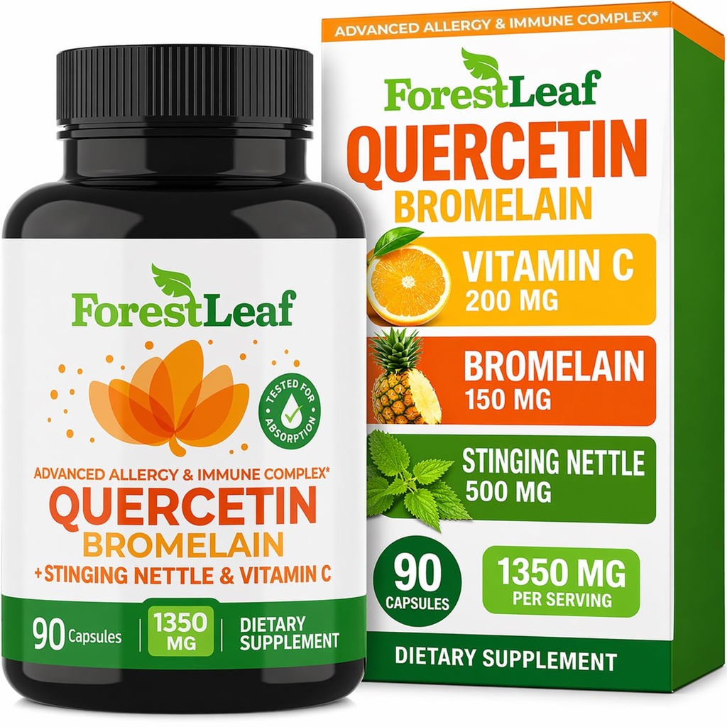 ForestLeaf Quercetin med Bromelain 1350mg - Blande med vitamin C & Stinging Nettle Supplement, Quercetin 500mg Kapsler, ikke-GMO Glutenfri, Naturlig immun- og pustefunksjon, 90 Veggie Caps
