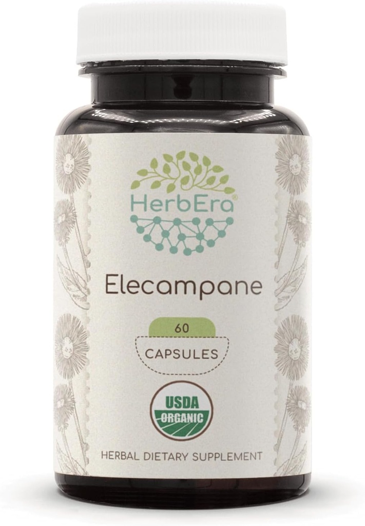 HerbEra Elecampane USDA Organic 60 Capsules | Naturlig Herbal Supplement | Certified Organic Vegetarian Capsules and Organic Elecampane (Inula Helenium) Tørket rot (60 Capsules)