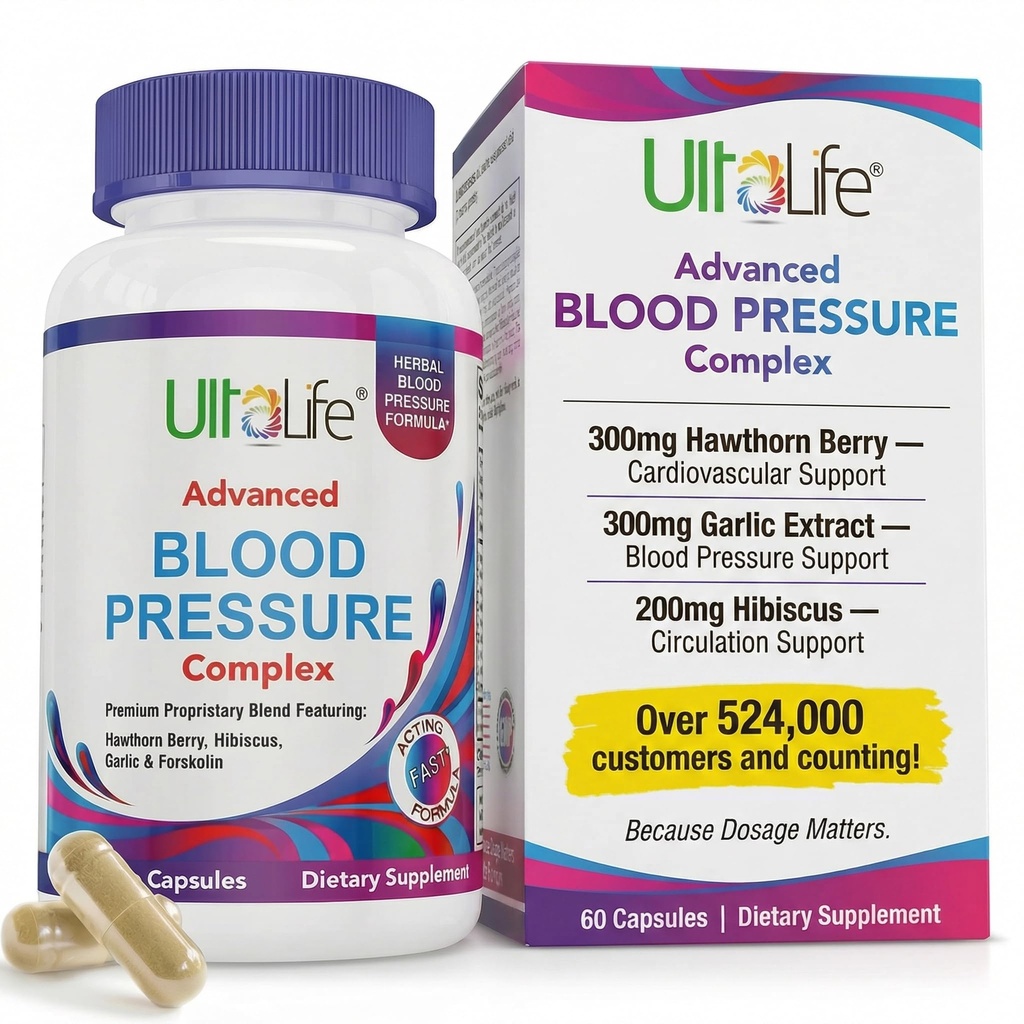 ULTALIFE Blodtrykk kosttilskudd - Avansert blodtrykk kosttilskudd kompleks - Hawthorn Berry, Hibiscus, hvitløk, Forskolin - 14 vitaminer og urter, 30 dagers forsyning i Veggie Capsules