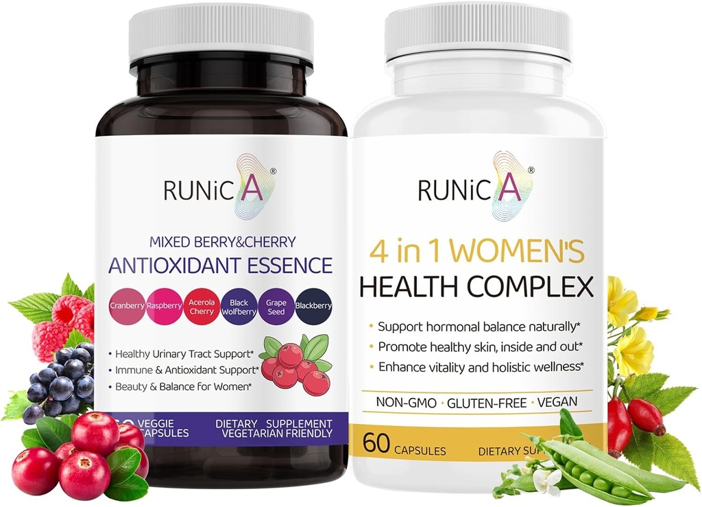 Kvinners velvære Duo - 4-i-1 Helse Complex & Antioksidant Supplement for Hormonal Balance,Skin & Energi,Menopause & Immune Support-Vegan Capsule