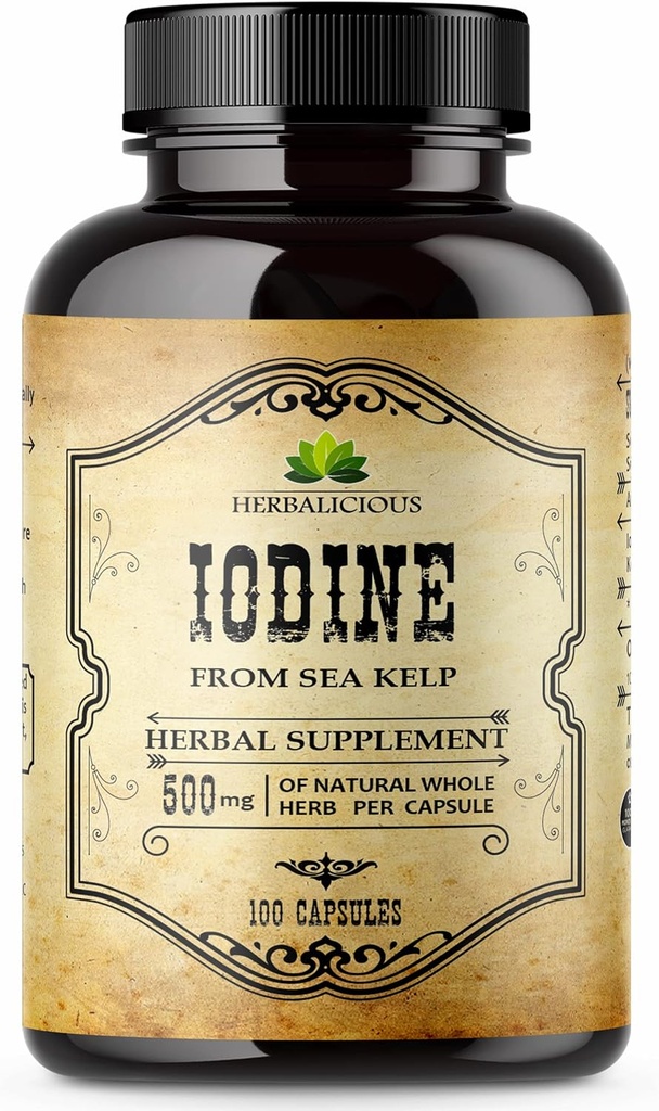 HERBALICIOUS Iodine Tabletter – naturlig iodin fra Sea Kelp – Thyroid Support Supplement for energi, digestion, hjerne og bein helse – ikke-GMO, Glutenfri – 100 kapsler