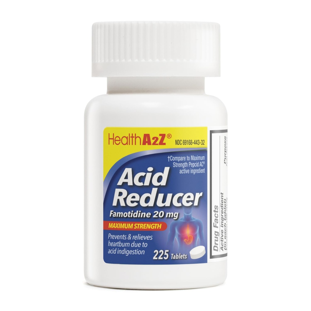 HealthA2Z® syre Reduser | Famotidin 20 mg | Maks styrke | Relief fra hjerteforbrenning på grunn av syreforedling (225 tabletter (pakke med 1))
