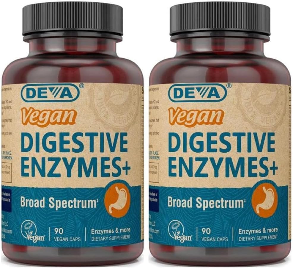 Deva Vegansk Vitaminer Digestive Enzymes Plus Supplement - En unik blanding av enzymer og urter - 90 kapsler (pakke av 2) Pakke May Vary