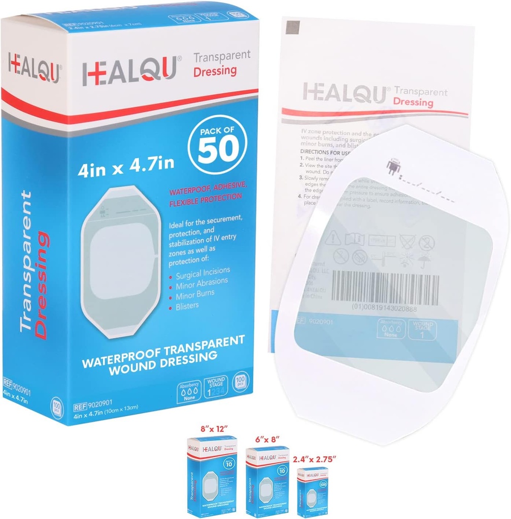 Transparent Film Dressing 4" x 4,75" (50 Pack) – Vanntett klesmerke Bandages for Post-Surgisk Dusj, IV Shield, Tattoo Aftercare, Clear Breathable Dressing Patches av HEALQU