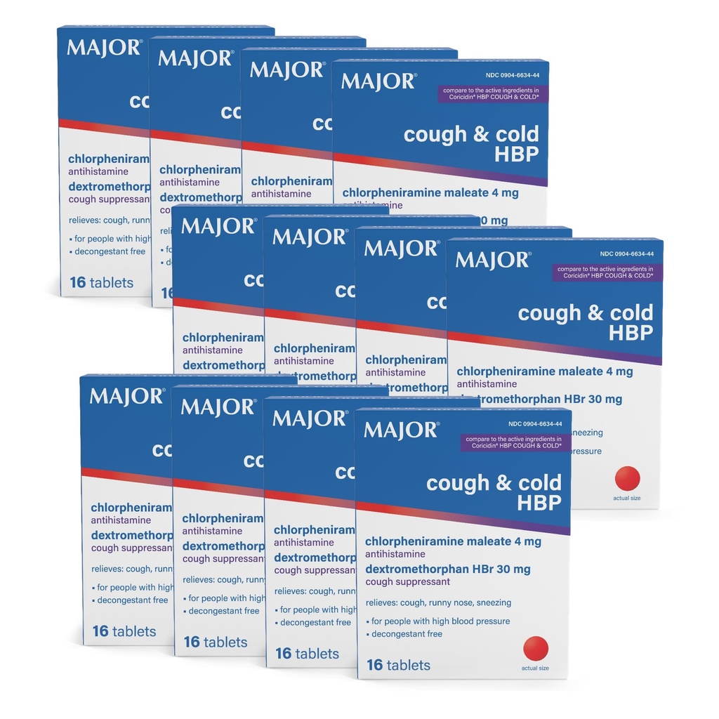 MAJOR Cough og kalde HBP-tabletter - Antihistamin og Cough Suppressant for personer med høyt blodtrykk - Dextromethorphan HBr, klorfeniramin maleat - 16 greve (12 pakke)