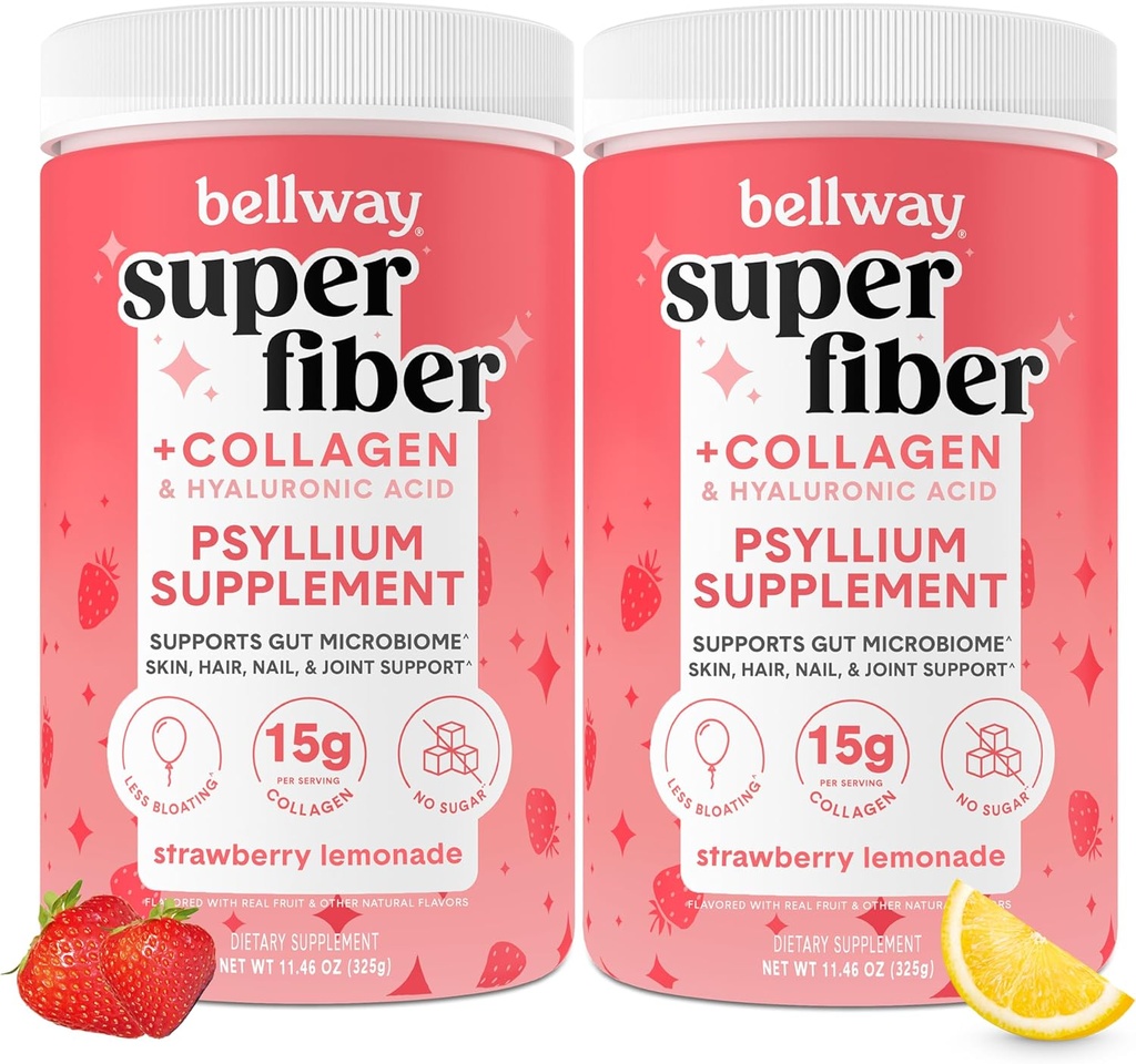 Bellway Super Fiber pulver + kollagen (2 pakke), sukkerfri Psyllium Hunk pulver med kollagen peptider for Gut Helse, sunn hud, negler, bein og ledd, Strawberry Lemonade (22,92 oz)