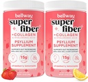 Bellway Super Fiber pulver + kollagen (2 pakke), sukkerfri Psyllium Hunk pulver med kollagen peptider for Gut Helse, sunn hud, negler, bein og ledd, Strawberry Lemonade (22,92 oz)