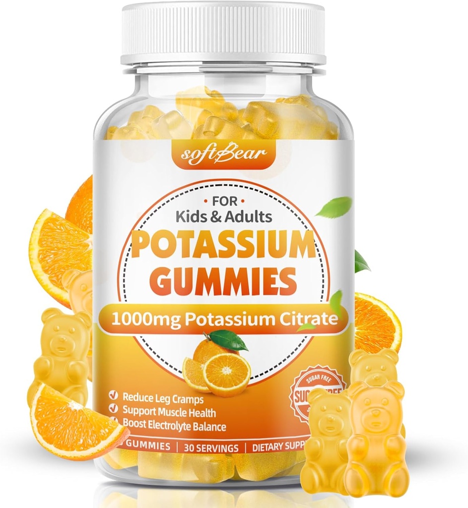 mykbear Kalium Citrate 1000mg, Sukkerfri Kalium Gummies for voksne Støtte Ben Cramps & Muskel helse høy potens Kalium Supplement Gummies Orange Flavor 60 greve