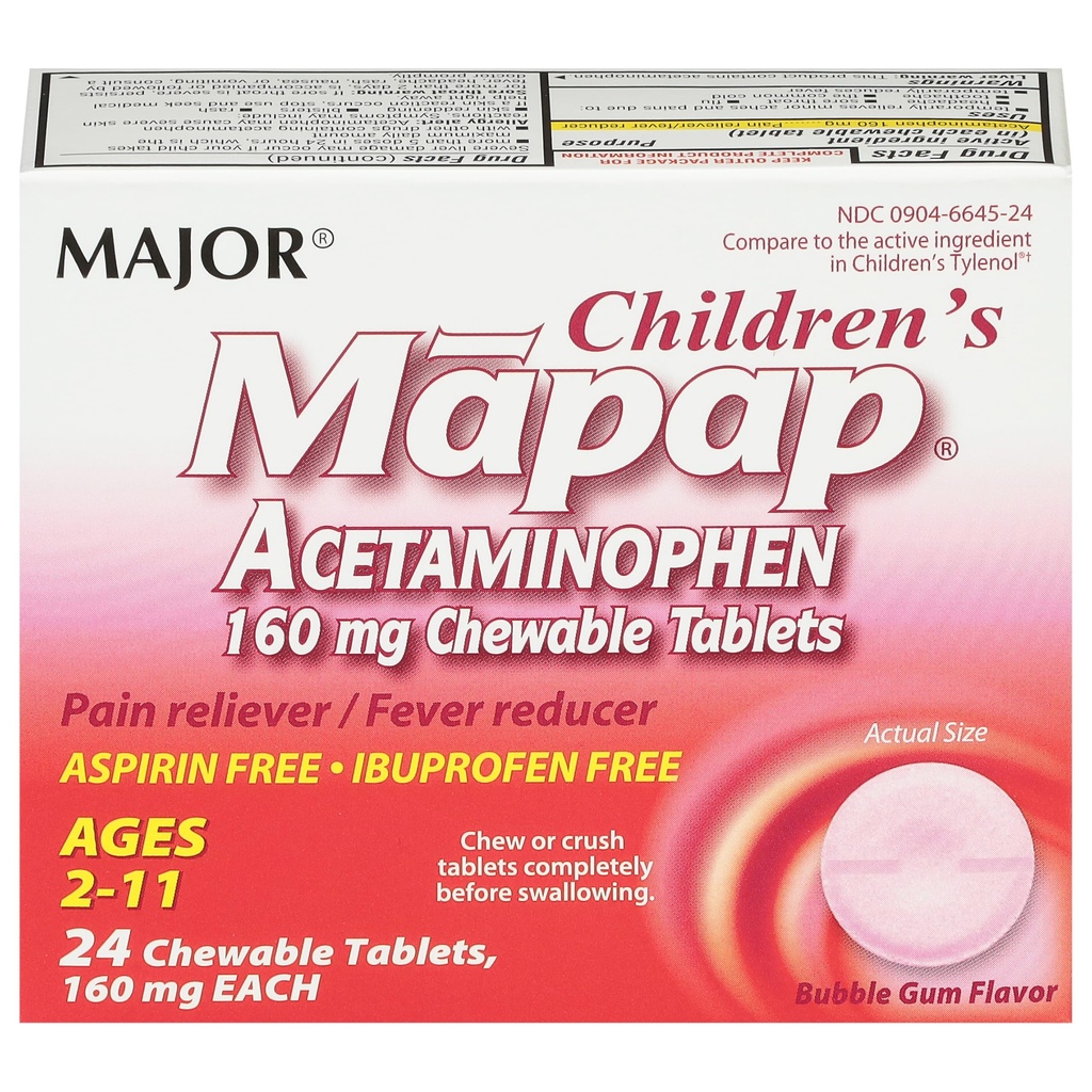 MAJOR Barnas Mapap Acetaminophen 160 mg Chewable tabletter - smertefri / Fever Reduser - Aspirin gratis - Ibuprofen Gratis - for alder 2 til 11-24 greve (1 pakke)