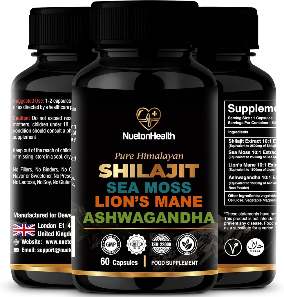 Shilajit, Sea Moss, Lion's Mane, og Ashwagandha Capsules - omfattende all-i-ett velvære Supplement for sinn, kropp og vitalitet - 60 Vegan Capsules