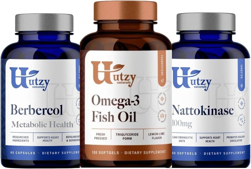 Utzy Naturals Berbercol ® 500 mg Citrus Bergamot (som Bergamonte) & Berberine, Nattokinase ® 100 mg + Omega 3 Fish Oil