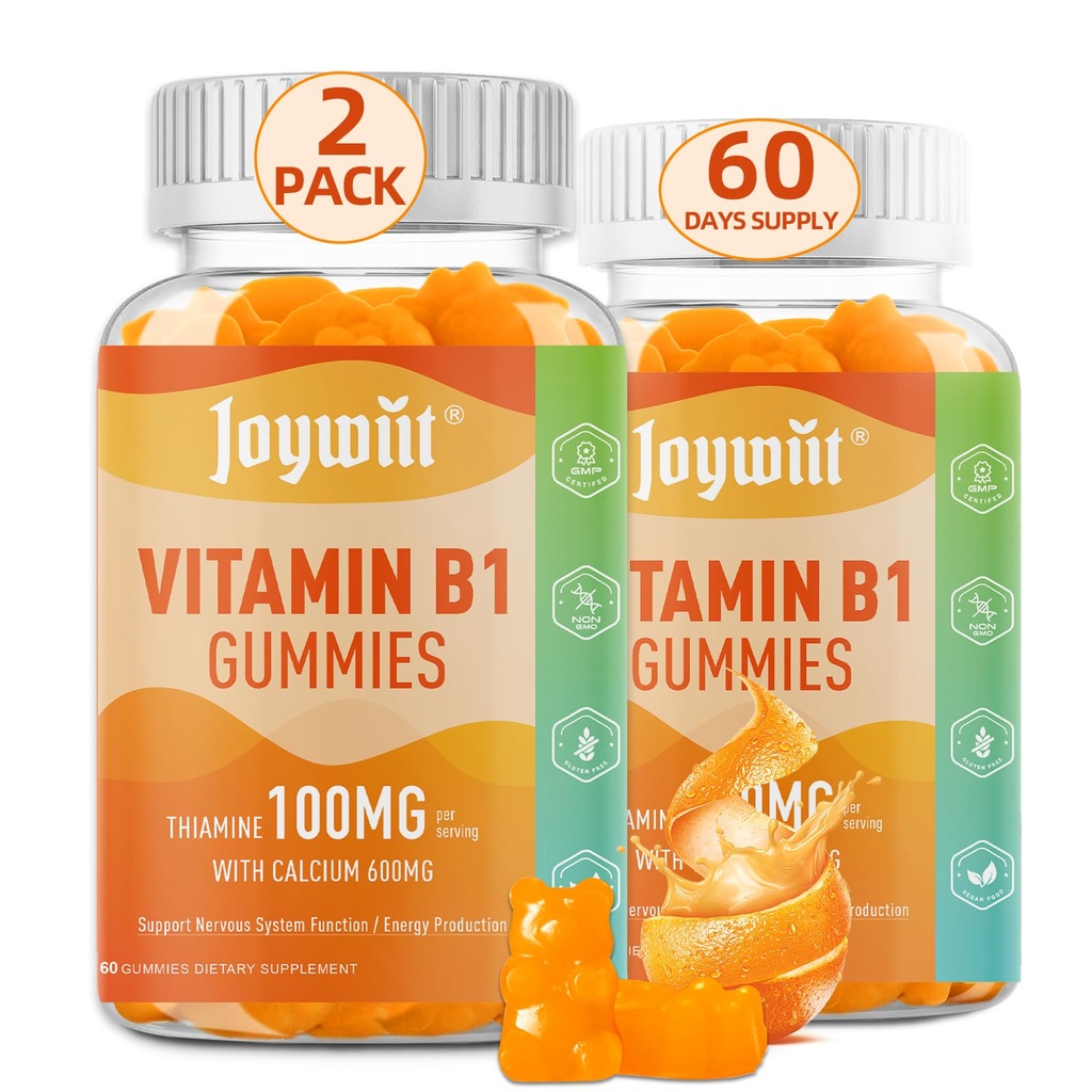 Vitamin B1 Gummies 100mg for voksne og barn, Thiamine B1 Supplement med 600mg kalsium, nervesystemet støtter og øker energi, Orange Flavor, Ikke GMO, Vegan, 120 Chewable Gummies