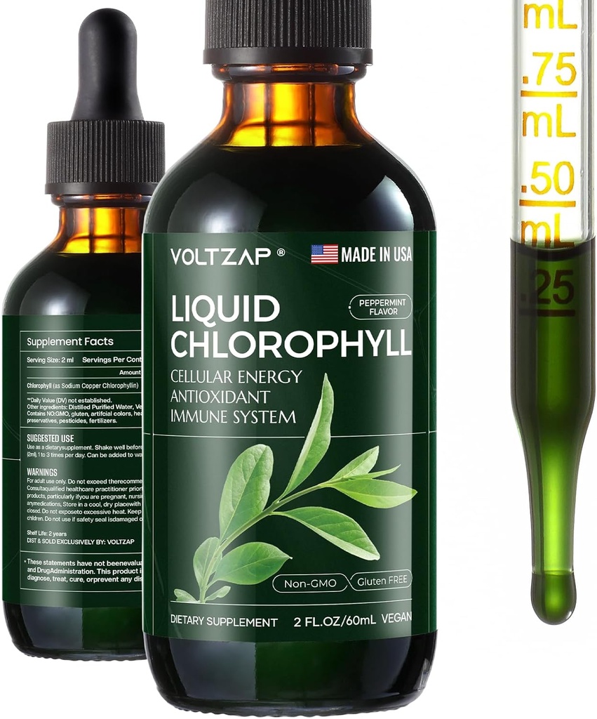 Klorofyll flytende dråper - Premium flytende klorofyll kosttilskudd for immunstøtte, energiøkning, Digestiv støtte, Gut & hud helse - Naturlig & ikke-GMO & Vegan Mint Flavored 2fl.oz