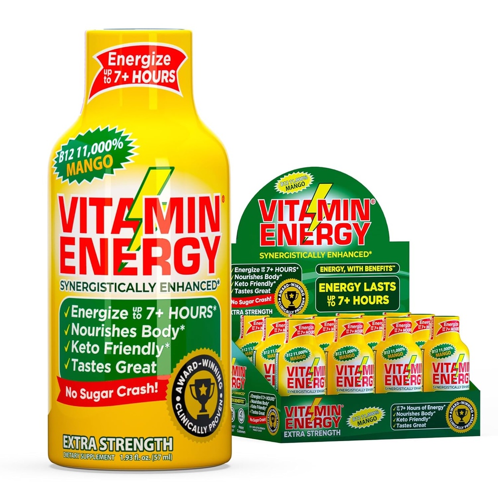 Vitamin energi B12 11 000% Ekstra styrke energi Shot Mango 12 Pack, 260 mg naturlig kaffe, B12 & B6, nootropisk fokus, vitalitet, null sukker, glutenfri, vegansk, Kosher, 1.93 fl oz