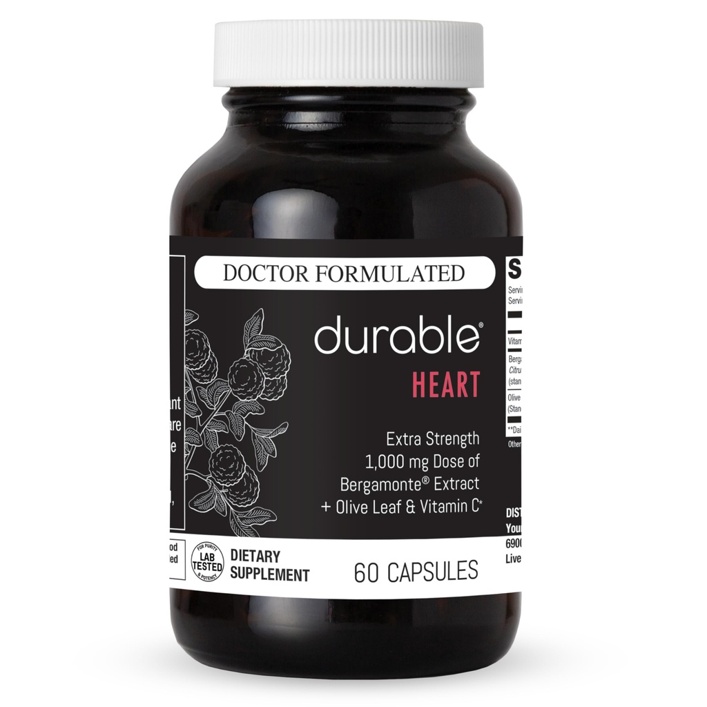 Holdbart hjerte – Bergamonte Citrus Bergamot 1.000 mg + Olive Leaf Extract + Vitamin C - hjerte helsetilskudd for sunn kolesterol - legeformulert, vegansk, ikke-GMO, laget i USA (60 kapsler)