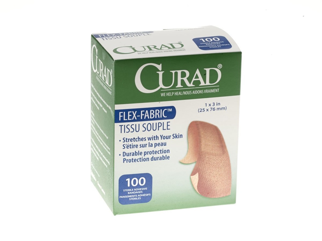 CURAD Flex-Fabrisk klesbånd, 1" Bredde, 3" Lengde, Pakke med 100