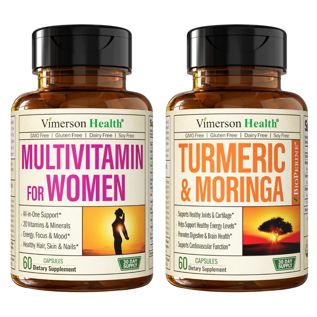 Vimerson helse kvinners multivitamin og gurkemeie Moringa Supplement for immunstøtte, energi, humør, hår, hud, negler, ledd og digestion.