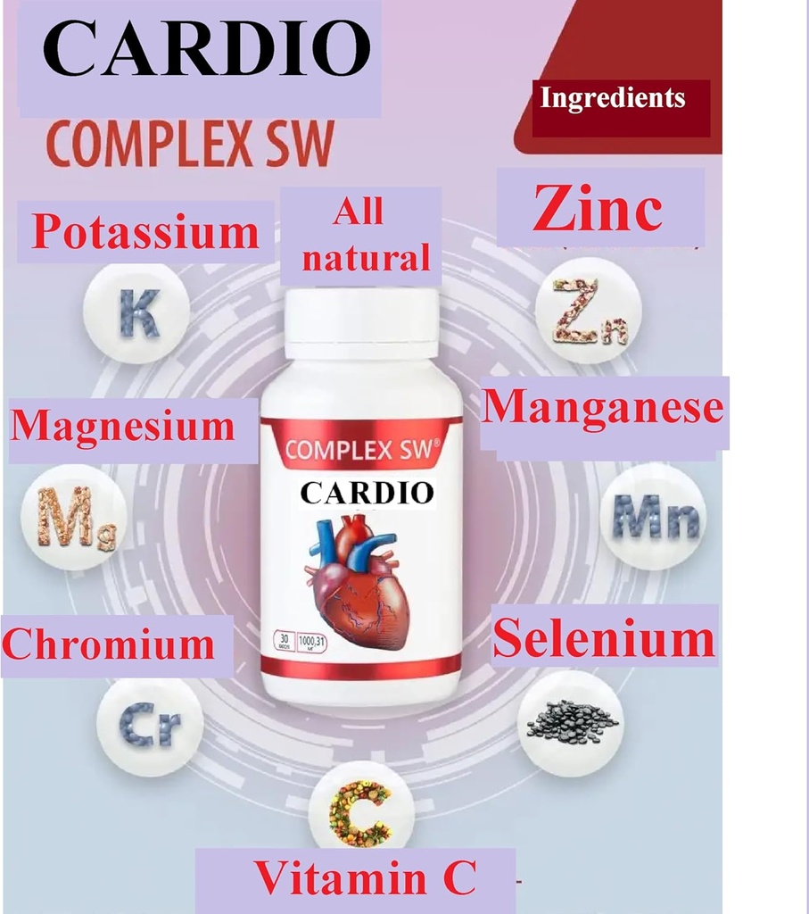 Cardio hjerte helse kosttilskudd, sunn blod sirkulasjon og blodtrykk støtte med kalium, magnesium, kromium, ZINC, Manganesisk, kromium, selenium, 30CAPSULES 1000,31 Mg Hver