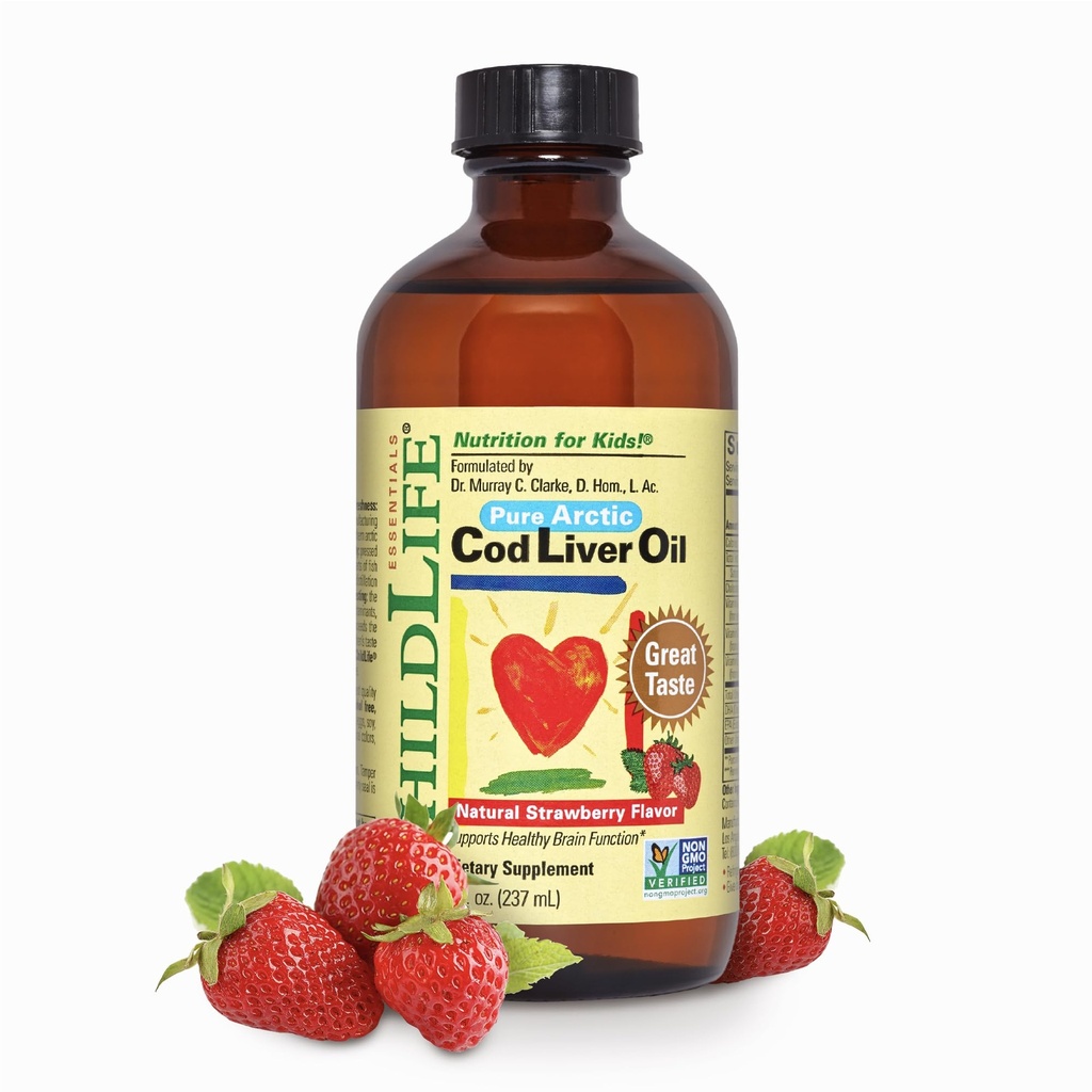 CHILDLIFE ESSENTIALS Cod Liver Oil for barn - Kids Cod Liver Oil Liquid, for babyer 6 + måneder, Toddlers, tilsatt DHA, EPA, Omega-3 fettsyrer - Strawberry, 8 fl oz