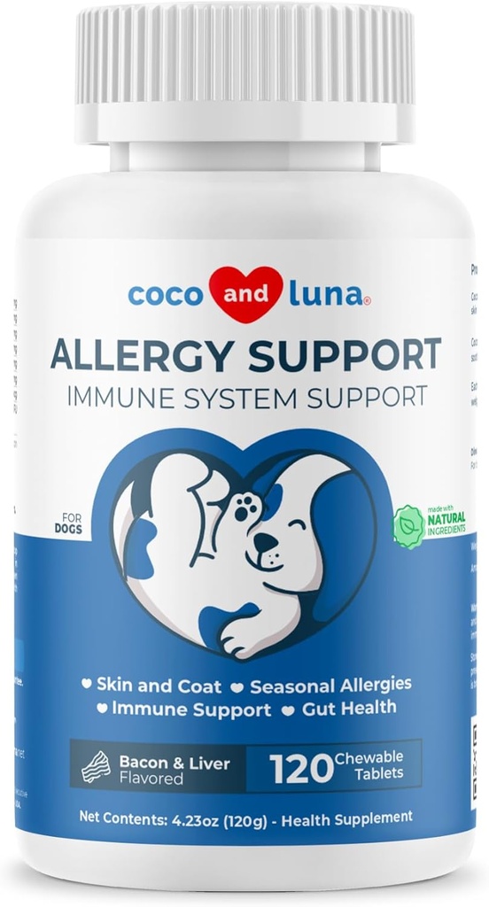 Allergi støtte for hunder - 120 Chewable tabletter - med vitamin C, Omega 3 og kolostrum - kløe relief, Allergi relief for hunder, hud sother - med probiotika for immunsystem helse