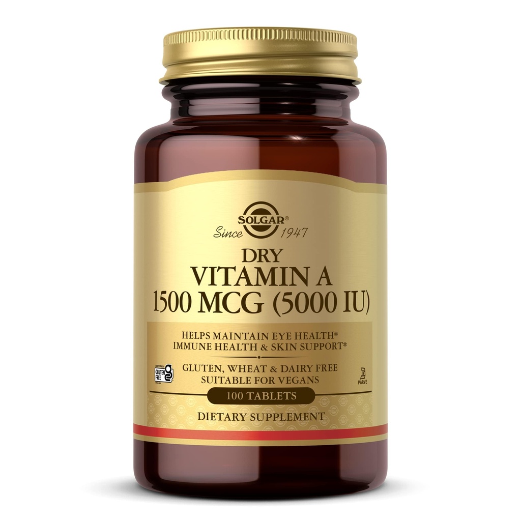 Solgar Tørr Vitamin A 1500 mhg (5000 IU), 100 tabletter - Støtter Sunn Øye, Hud & Immunsystem - Ikke-GMO, Vegan, Glutenfri, Dairy Free, Kosher - 100 Services