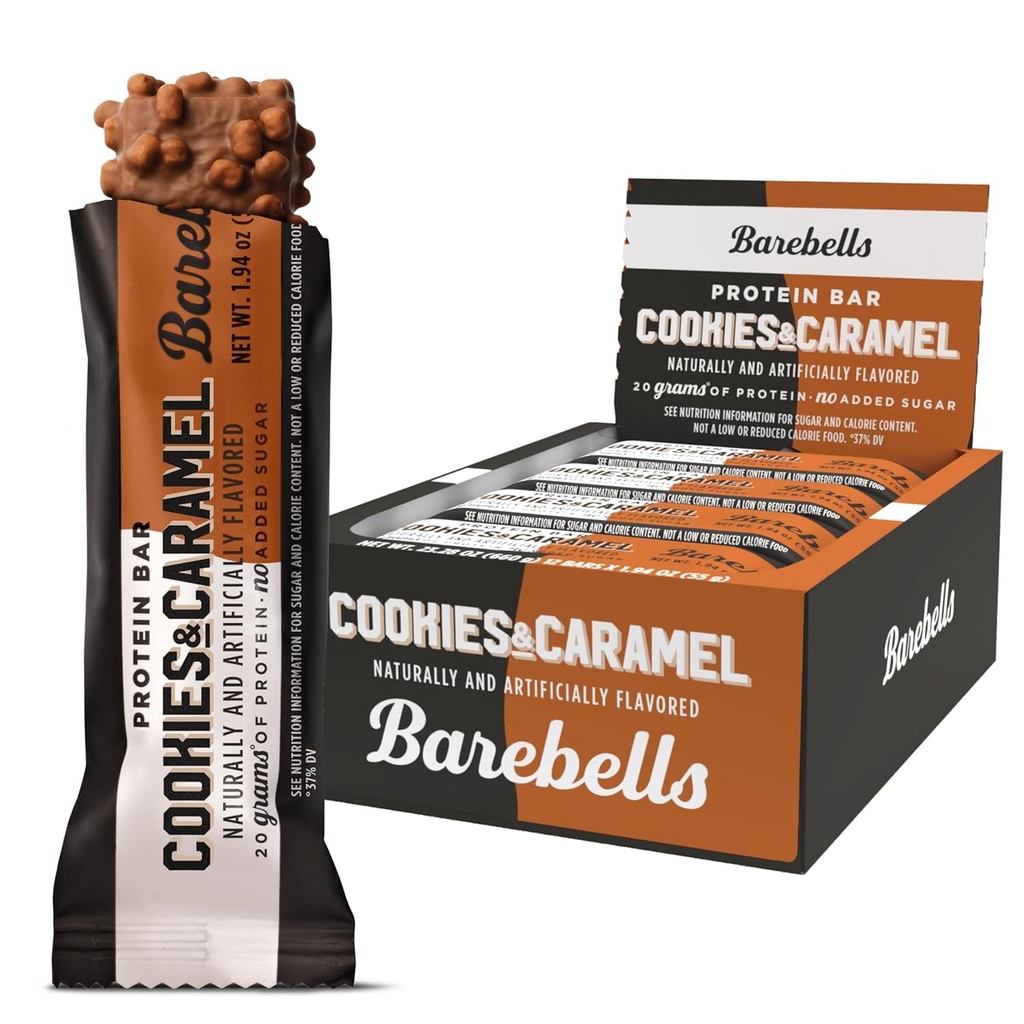 Barebells Protein Bars Cookies og Caramel - 12 Count, 20g High Protein Treatments - Sjokolade ernæringsbar med 1g Total Sukker - On-The-Go Frokost eller post-Workout Snack