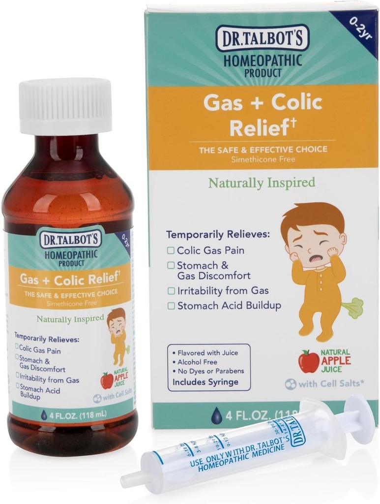 Dr. Talbots gass + kolic relief flytende medisin, naturlig inspirert, for spedbarn, Inkluderer Syringe, Apple Juice Flavor, 4 Fl Oz