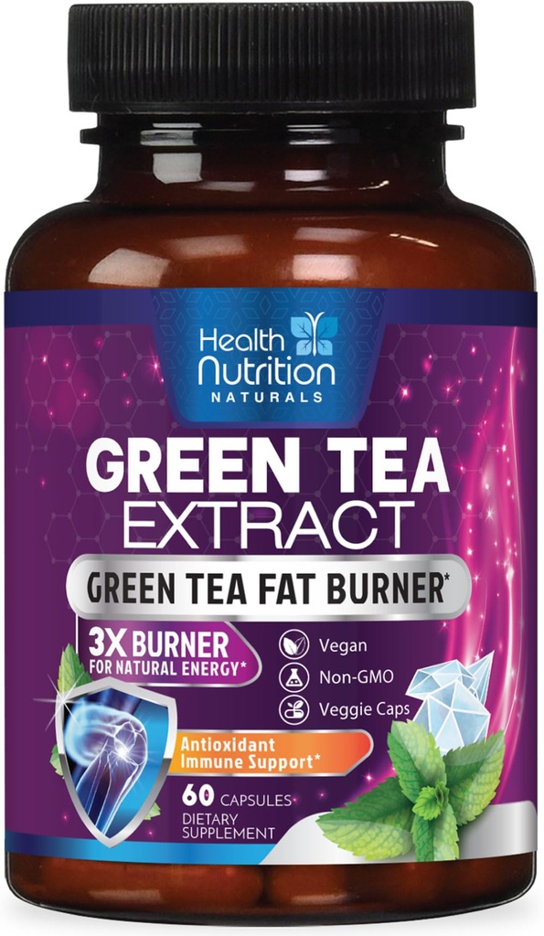 Grønn te ekstrakt kapsler - Standardisert 45% EGCG & 98% Polyfenoler - 3X Styrke Grønn te Naturlig energi, Herbal Supplement med hjerte og antioksidant helsestøtte, flaske i USA - 60 Kapsler