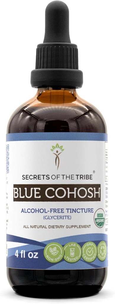 Hemmeligheter i Tribe Blue Cohosh alkohol-fri tinktur (Glyceritt) 659 mg ansvarlig oppdretts USDA organisk blå Cohosh (Caulophyllum Thalictroides) tørket rot (4 fl Oz) kvinners helse supplement