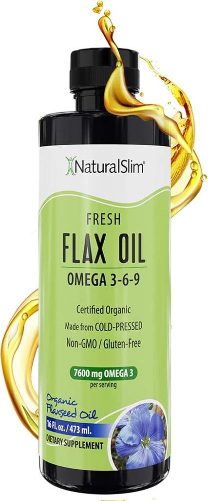 NaturalSlim Flaxfrø olje flytende frisk smak Flax olje organisk kaldt presset & høy i Omega 3 6 9 fettsyre Flax frø Supplement for sunne celler, hår, hud, & negler - fersk smak 16 fl. Oz.