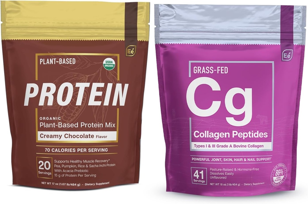 Viktige elementer Hydrolysert kollagenpeptider pulver & organiske erteprotein pulver - Kremet sjokolade | Felles, hud, hår, & negle støtte + lavkarb plantebasert vegansk blanding