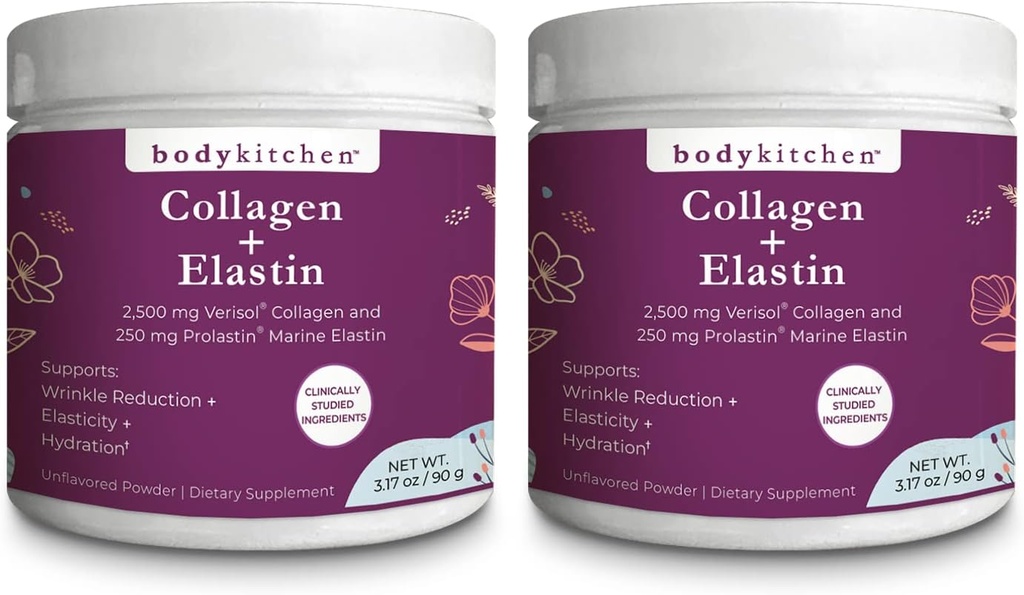 Body Kitchen Collage og 250 mg Elastin Supplement til hjelpetegn for aldring, støtte hud helse og elastisitet, Færre Wrinkles, Uflavorert pulver, smaksløs, odorløs, fargeløs, 30 serveringer (2 pakke)