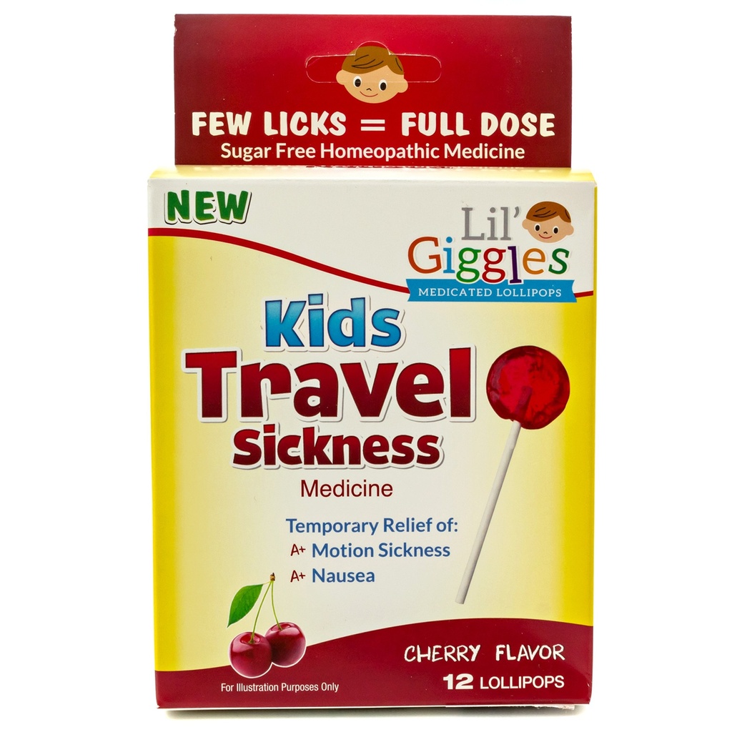 Lil' Giggles Kids Medicert Lollipops - Søt Gentle Relief for barn og ikke-drowsy - for bilsykhet, reise tristhet og bevegelse sykhet Relief - Homeopatisk Remedy Barnekjærlighet - Cherry Flavor 12 CT