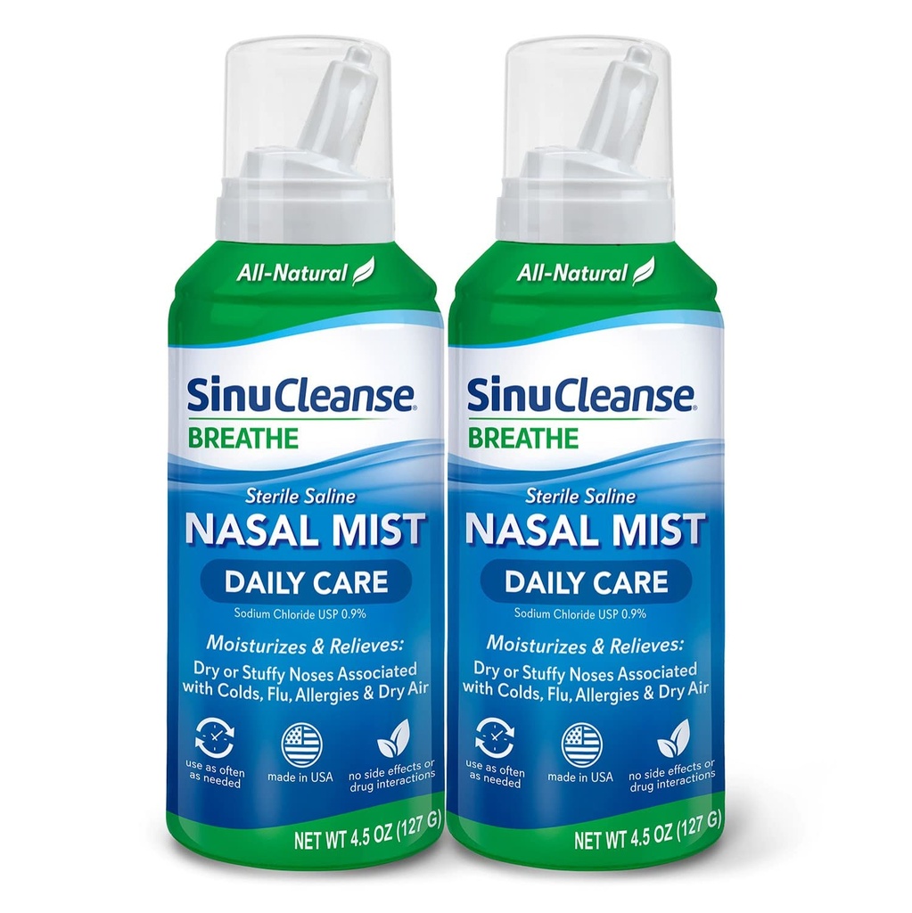 SinuCleanse daglig omsorg sterile saltvannssprøyte, ultra fin tåke, umiddelbart beveger seg og lindrer hver dag Nasal kongestion på grunn av forkjølelse og tørr luft, 4,5 oz (2 pakke), laget i USA