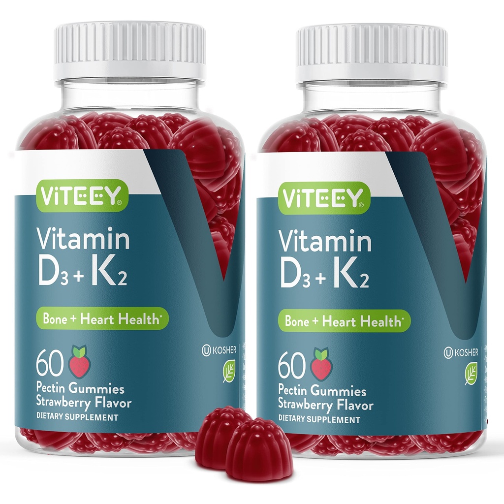 VITEEY Vitamin D3 K2 Gummies - 1000 IU Vitamin D3 og K2 100mcg - Bein og hjerte Helse for voksne og tenåringer - Vegetarisk, Gelatinfri, GMO Gratis - Tett Chewable D3K2 Vitaminer Strawberry Flavored Gummy