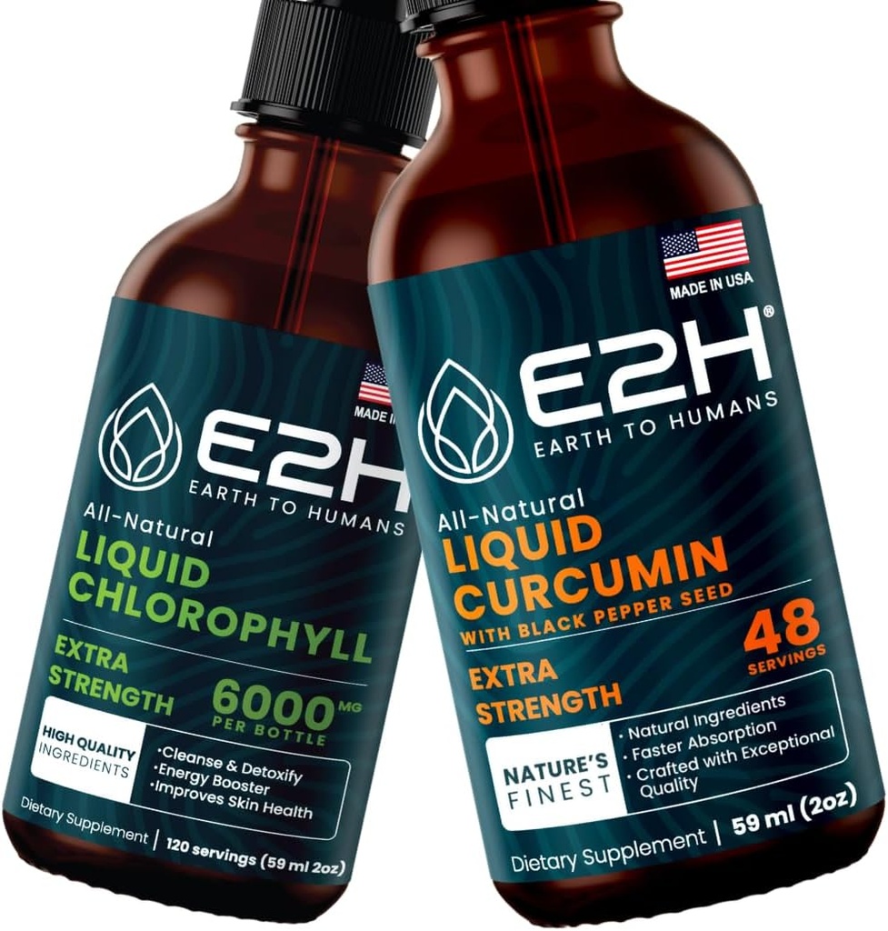 E2H: Flytende klorofyll og flytende turmeric curcumin | Vegan, ikke-GMO - 2 Fl Oz Hver (4 Fl Oz Totalt) - Bundle