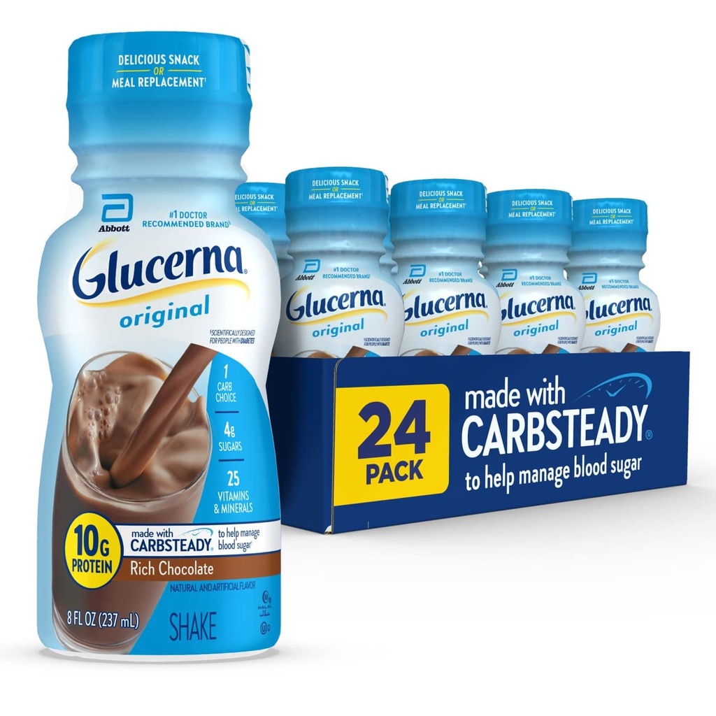 Glucerna Original Diabetes Care Shake, rik sjokolade, diabetisk måltid erstatning for å støtte blodsugar management, 10g protein, 180 kalorier, klar til å drikke, 8-fl-oz flaske, 24 Pack
