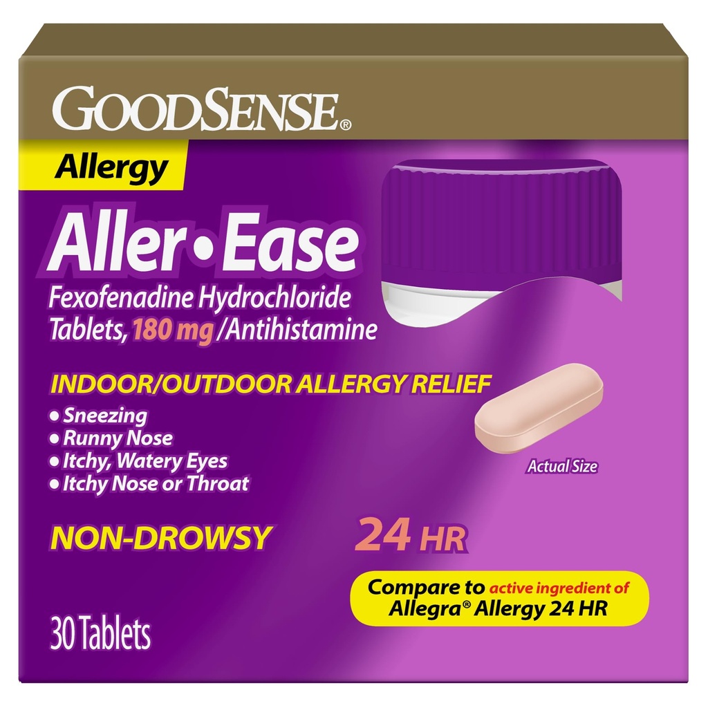 GoodSense Aller-Ease - Fexofenadin Hydroklorid 180 mg Tabletter - 24 timers allergi medisin for innendørs og utendørs relief, 30 teller
