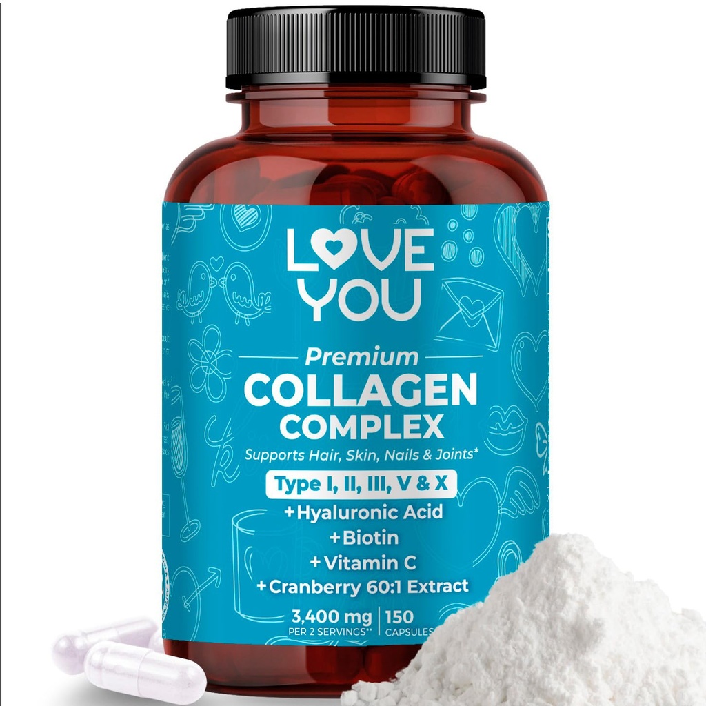 Kjærlighet Du Premium Collagen Complex – Typer I, II, III, V & X – Hår, Hud, Nagler, Joints & Gut Support – Hydrolysert Bovine Collagen Peptider – Grass-Fed, Ikke-GMO, 120 Kapsler, USA laget