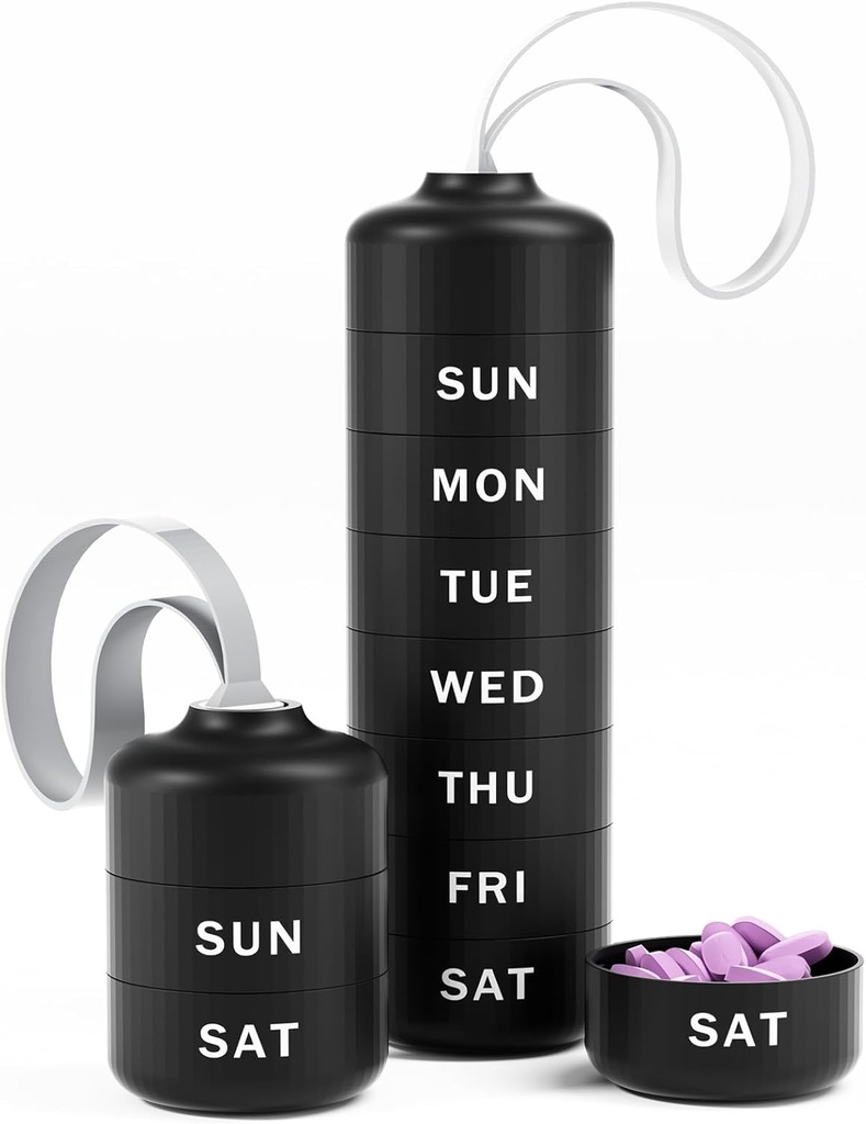 Betife Søt Pill Organizer, Søt ukentlig Pill Box for reise, Søt daglig Pill Case 7 Day, med 7 store stabbar sammenligninger, Sturdy ABS Pill Holder for vitamin Supplement medisin (svart)